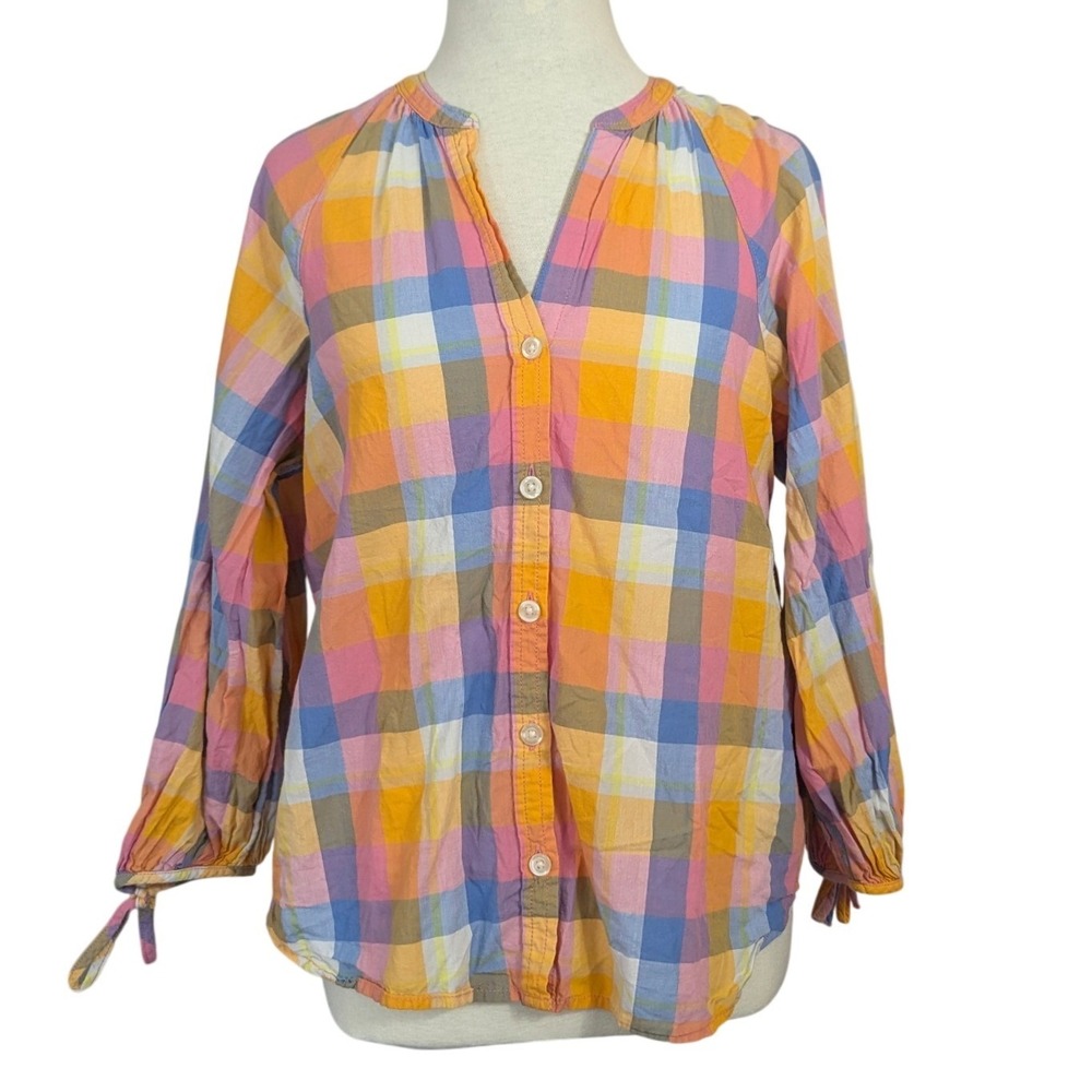 Free Assembly Womens Small Multicolor Plaid Cotton Button‎ Front Tie Cuff Blouse